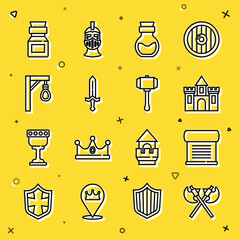 Sticker - Set line Crossed medieval axes, Decree, parchment, scroll, Castle, fortress, Poison in bottle, Medieval sword, Gallows, and Hammer icon. Vector