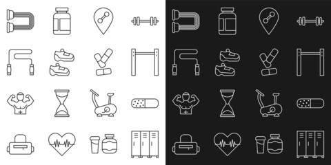 Sticker - Set line Locker or changing room, Vitamin pill, Horizontal bar, Location gym, Sport sneakers, Jump rope, Chest expander and icon. Vector