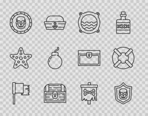 Poster - Set line Pirate flag, Shield with pirate skull, Ship porthole seascape, Antique treasure chest, coin, Bomb ready to explode, and Lifebuoy icon. Vector