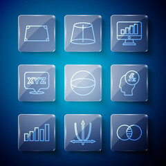 Sticker - Set line Graph, diagram, Mathematics sets A and B, Computer monitor with graph, Geometric figure Sphere, XYZ Coordinate system, Acute trapezoid shape and Function mathematical symbol icon. Vector