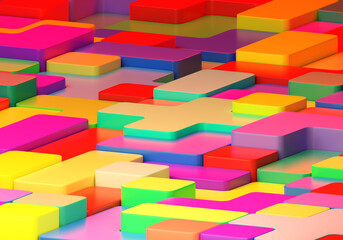 Poster - Multicolored texture. Colorful pattern. Volumetric elements from tetris. Multicolored Tetris texture. Geometric 3D pattern. Abstract texture for your scenery. Children's backdrop style. 3d rendering.