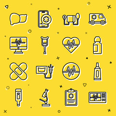 Sticker - Set line Monitor with cardiogram, Ointment cream tube medicine, Eye drop bottle, Blood pressure, Crutch crutches, Human organ liver and Heart rate icon. Vector