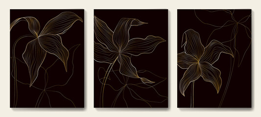 Luxury dark background with elegant golden flowers in art line style. Botanical flower poster set for decoration, interior design, invitations, print, wallpaper