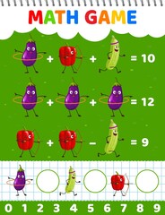 Poster - Zucchini, eggplant and bell pepper characters math game worksheet. Vector puzzle for learning calculation, education mathematics maze with funny cartoon vegetables sportsmen. Quantity riddle for kids