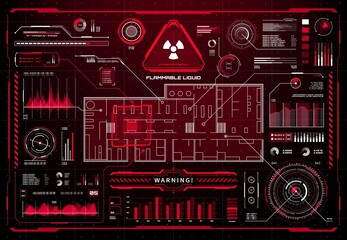 Leinwandbilder - HUD fire protection and safety system display interface. Warning alert of fire ignition. Radioactive pollution danger message info box or vector call out title, infographics with sound wave and graph