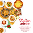 Italian food menu, Italy cuisine pasta dishes and traditional meals, vector. Italian cuisine restaurant menu cover with pappardelle pasta, pantescan potato salad, wine cookie turdilli and pumpkin soup