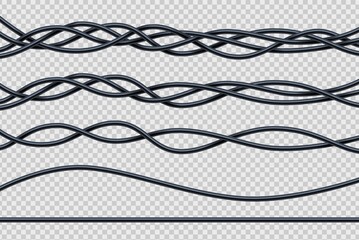 Wall Mural - Electric wire, realistic cable, 3d vector flexible cords, insulated electrical curved, straight, bunch and single black ropes. Intertwined wiring, electricity conductors, isolated industrial equipment