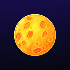 Poster - Cartoon yellow space planet with craters, vector Moon, galaxy globe with holes, sphere in universe. Isolated ui game object, fantasy alien world in dark sky, astronomy science comet, meteor, orb