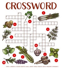 Wall Mural - Spices, herbs and seasonings sketch. Crossword grid worksheet. Find a word quiz game, vector text riddle with nutmeg, poppy and lemongrass, marjoram, fennel and savory, cilantro, melissa and lavender