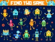Find two same cartoon funny robots. Game worksheet, child logical puzzle, kids vector educational quiz with find same objects activity. Children riddle with vintage robots, droids retro characters