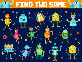 Aufkleber - Find two same cartoon funny robots. Game worksheet, child logical puzzle, kids vector educational quiz with find same objects activity. Children riddle with vintage robots, droids retro characters