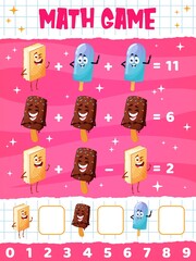 Poster - Cartoon funny ice cream dessert characters math game worksheet. Vector school or preschool educational maze. Puzzle for calculation mathematics skills development, education riddle for kids learning