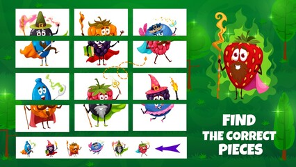 Poster - Cartoon funny wizard and fairy berries characters. Find the correct pieces game worksheet, kids riddle with matching and comparing task. Child logical quiz or puzzle game page with berries sorcerers