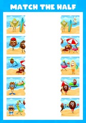 Poster - Match the half. Cheerful nuts on summer beach kids game worksheet. Children puzzle or riddle with cute pistachio, hazelnut and seeds, coffee bean, walnut and cocoa happy characters leisure on seacoast