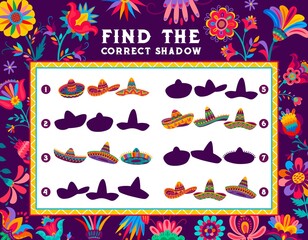 Poster - Find the correct shadow of mexican sombrero hat. Kids game worksheet with colorful flowers. Child educational vector quiz, kids riddle with finding correct shadow task and floral ornaments, sombrero