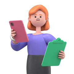3d illustration of a smiling businesswoman ellen looking at ipad and chatting. portraits of cartoon 