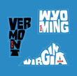 Vermont, Wyoming, Virginia state names distorted into state outlines. Pop art style vector illustration for stickers, t-shirts, posters and social media.