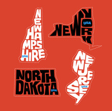 New Hampshire, New York, North Dakota, New Jersey State Names Distorted Into State Outlines. Pop Art Style Vector Illustration For Stickers, T-shirts, Posters And Social Media.