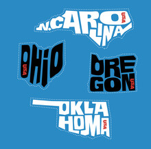 North Carolina, Ohio, Oregon, Oklahoma State Names Distorted Into State Outlines. Pop Art Style Vector Illustration For Stickers, T-shirts, Posters And Social Media.