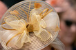 A women wearing a decorative ribbon hat at a horse race.