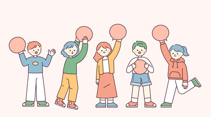 Poster - Cute children standing holding speech bubbles. outline simple vector illustration.
