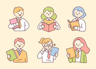 Poster - Cute round-faced children in school uniforms are holding books. outline simple vector illustration.