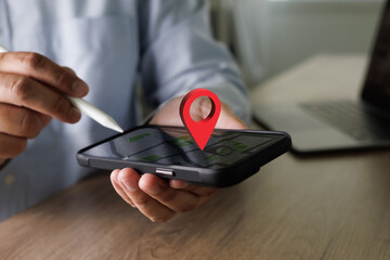 Poster - hand using a smartphone Holding GPS Map to Route Destination network connection Location Street Map with GPS Icons Navigation