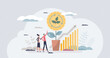 Sustainable investment and nature friendly economy tiny person concept. Successful business growth from environmental stock rise vector illustration. Green eco climate strategy for earnings progress.
