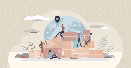 Wall Mural - Worldwide shipping or international cargo distribution tiny person concept. Logistics or transportation around globe vector illustration. Export freight service with global connection points for cargo