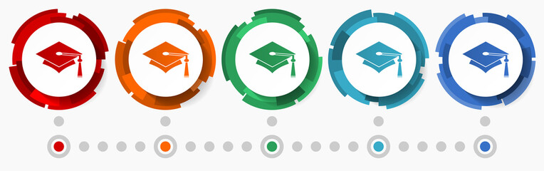 Graduation, education concept vector icon set, modern design abstract web buttons i n 5 color options, infographic template