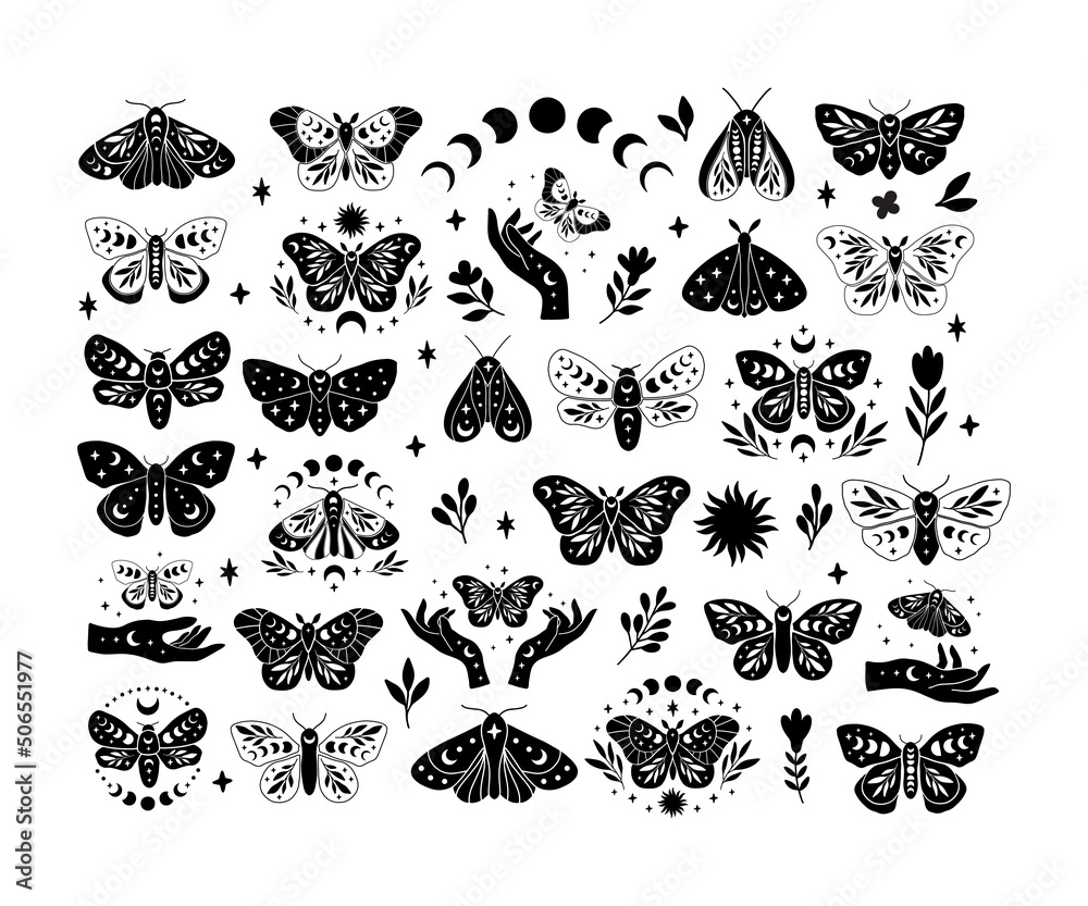 Vector de Stock Celestial butterfly vector illustration set. Mystical ...