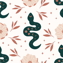 Vector Seamless Pattern With Boho Snake. Print With Magic Serpent, Moon Phase, Flowers And Stars. Mystical Esoteric Background For Digital Paper, Fabric Design, Phone Case, Wrapping, Cover.