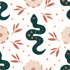 Wall Mural - Vector seamless pattern with boho snake. Print with magic serpent, moon phase, flowers and stars. Mystical esoteric background for digital paper, fabric design, phone case, wrapping, cover.