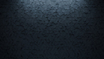 3D, Polished Mosaic Tiles arranged in the shape of a wall. Diamond Shaped, Black, Bricks stacked to create a Semigloss block background. 3D Render