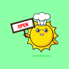 Wall Mural - Cute cartoon sun character holding open sign designs in concept 3d cartoon style