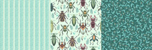 Beetles And Flower Background. Set Of 3 Seamless Patterns. Summer Style. Design For Textiles, Wallpaper, Wrapping Paper.