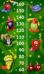 Poster - Cartoon wizard, mage and fairy berry characters. Kids height chart. Child height vector meter or growth ruler with cowberry, blueberry and gooseberry, strawberry, grape and cherry holding magic wand