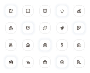 Poster - Fast food and drink line icons set. Tea, hamburger, hot dog, soda, ice cream, noodle, cake, pizza. Vector outline pictograms for web and ui, ux mobile app design. Editable Stroke. 24x24 Pixel Perfect.