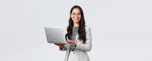 Business, Finance And Employment, Female Successful Entrepreneurs Concept. Confident Smiling Asian Businesswoman, Office Worker In White Suit And Glasses Using Laptop, Help Clients