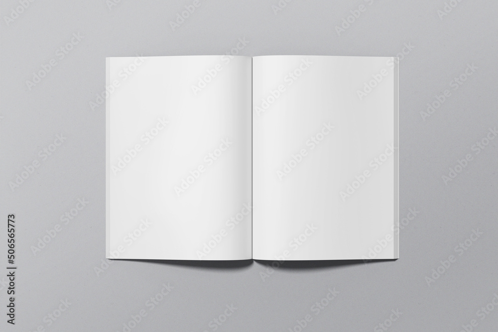 A4 magazine mockup top view, book or catalog on gray table. Blank page ...