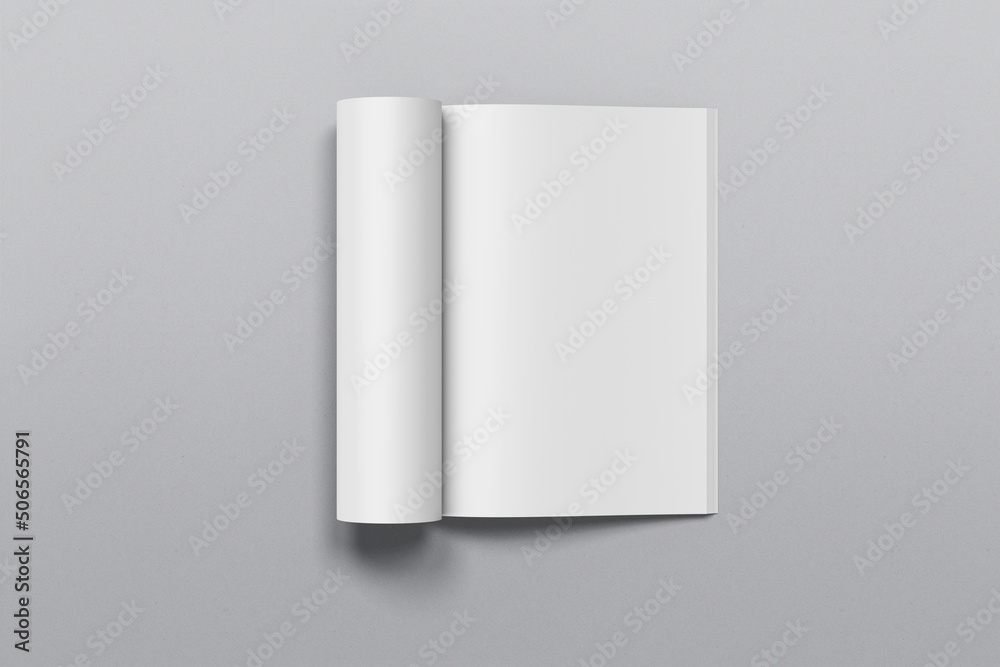 A4 magazine mockup top view, book or catalog on gray table. Blank page ...