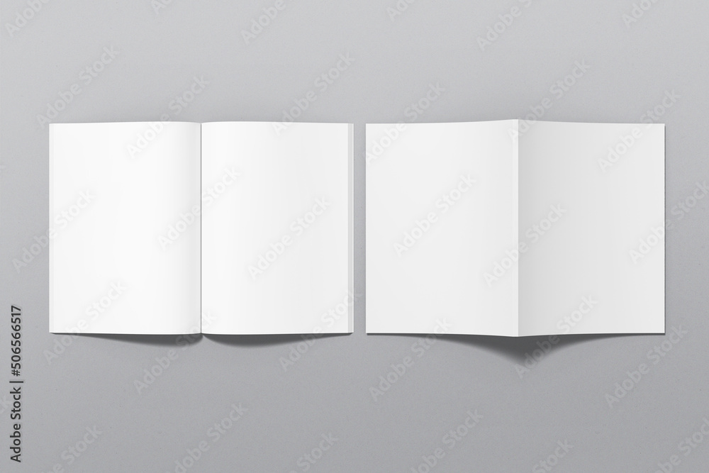 A4 magazine mockup top view, book or catalog on gray table. Blank page ...