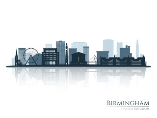 Sticker - Birmingham skyline silhouette with reflection. Landscape Birmingham, United Kingdom. Vector illustration.