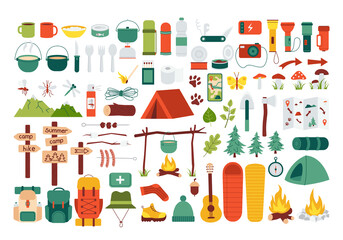large set of hiking equipment. items for summer camping, trekking. travel supplies icons for outdoor