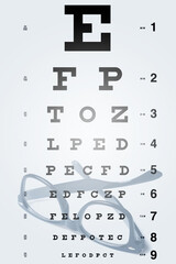 Sticker - Eye chart for visual acuity testing and black rimmed eyeglasses