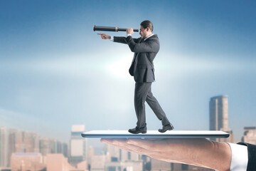 Poster - Abstract image of businessman with telescope looking into the distance while standing on tablet. Future, market research and success concept. City background with mock up place.