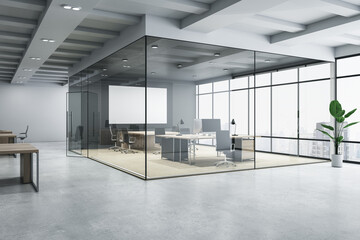 Wall Mural - Luxury glass office interior with window and city view, furniture and equipment. Workplace concept. 3D Rendering.