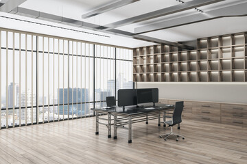 Poster - Contemporary glass office interior with window and city view, furniture and equipment. Workplace concept. 3D Rendering.
