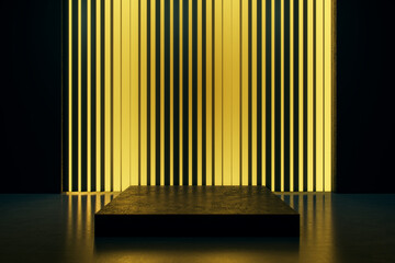 Poster - Dark interior with golden light blinds wall, pedestal and mock up place. Presentation concept. 3D Rendering.
