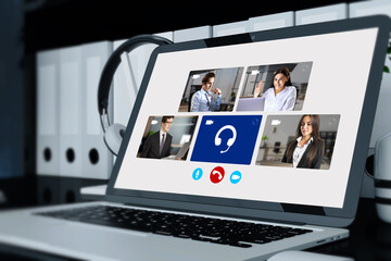 Poster - Close up of notebook computer with creative video conference call on screen. Work, home and remote team concept.